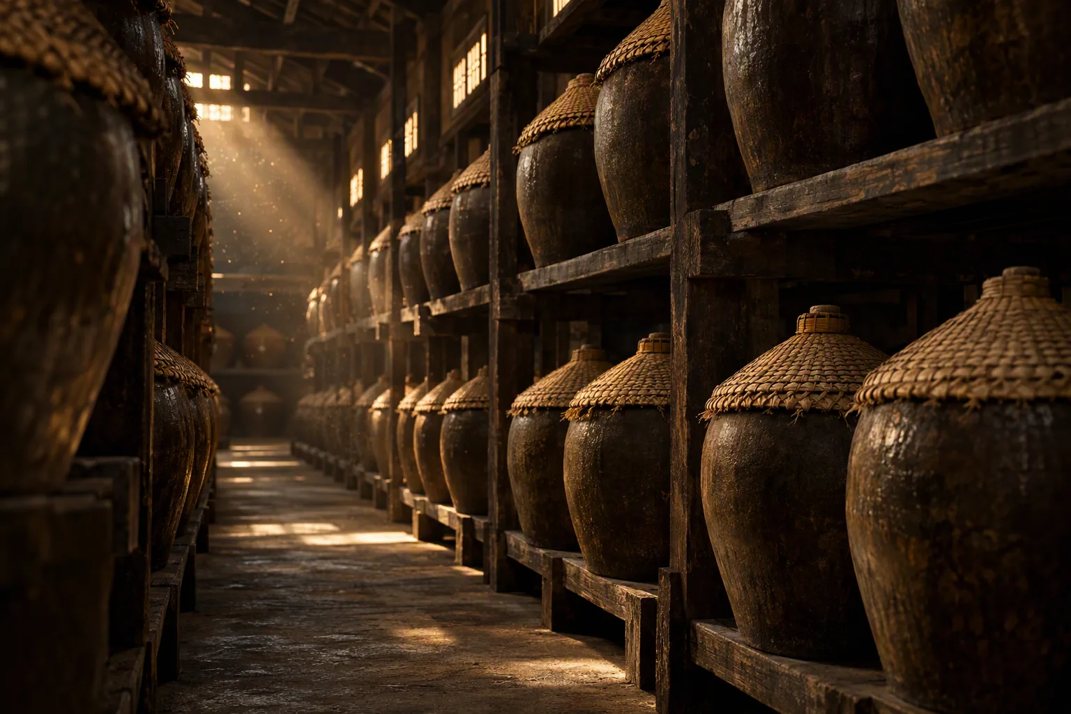Traditional baijiu aging cellar with clay jars