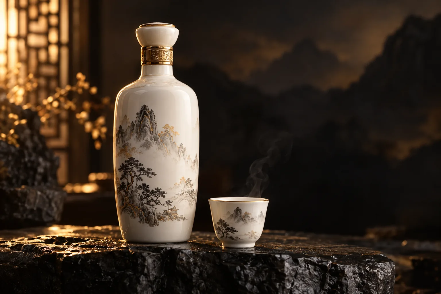 White porcelain baijiu bottle beside a tasting cup